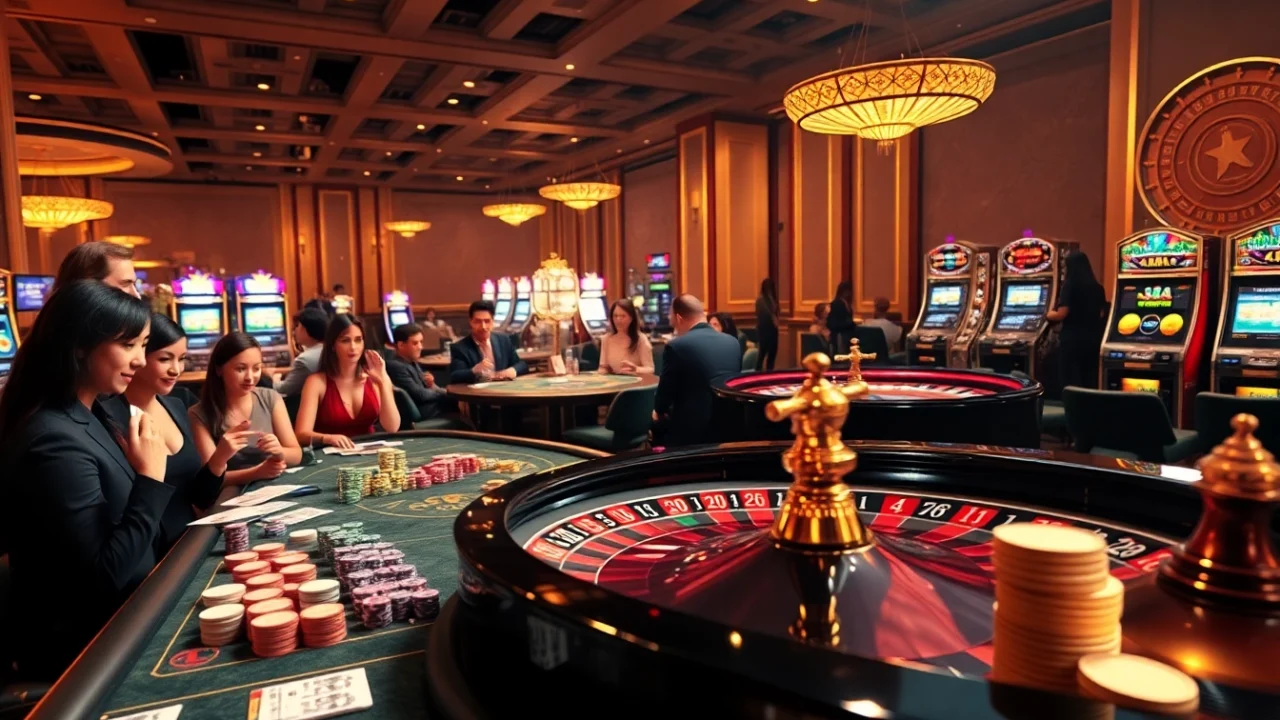 Exciting scene of game bài đổi thưởng with casino tables, poker chips, and roulette wheels.