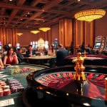 Exciting scene of game bài đổi thưởng with casino tables, poker chips, and roulette wheels.
