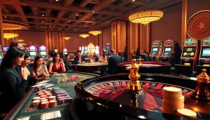 Exciting scene of game bài đổi thưởng with casino tables, poker chips, and roulette wheels.