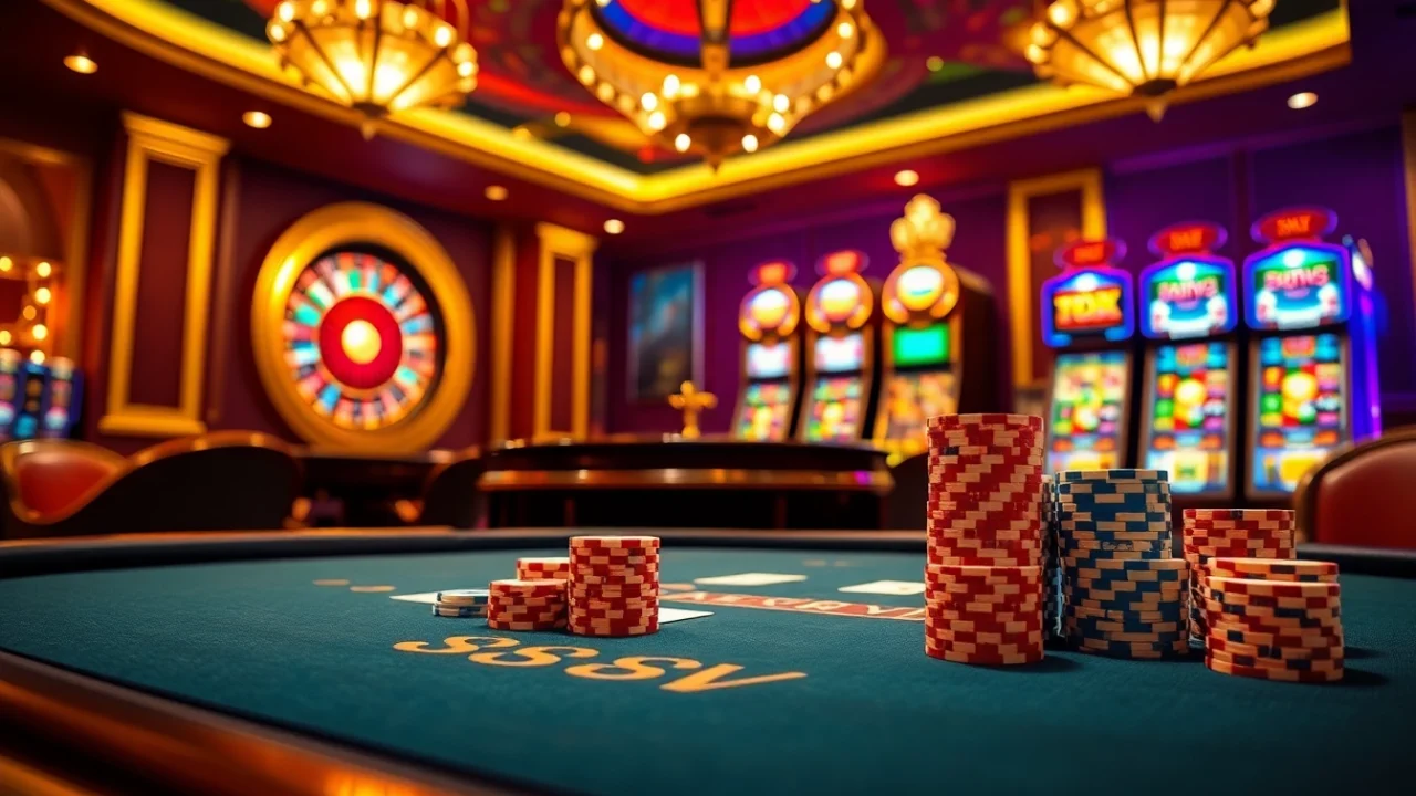Experience high-stakes gaming at 88vv with a table of poker chips and vibrant casino visuals.