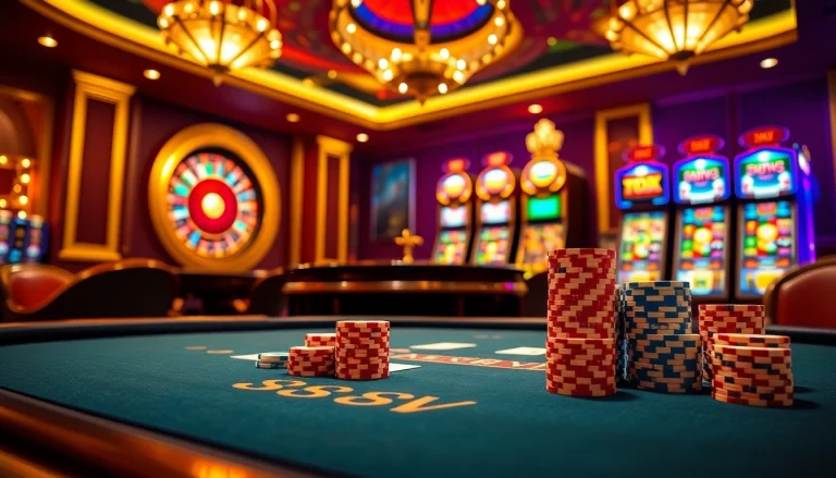 Experience high-stakes gaming at 88vv with a table of poker chips and vibrant casino visuals.