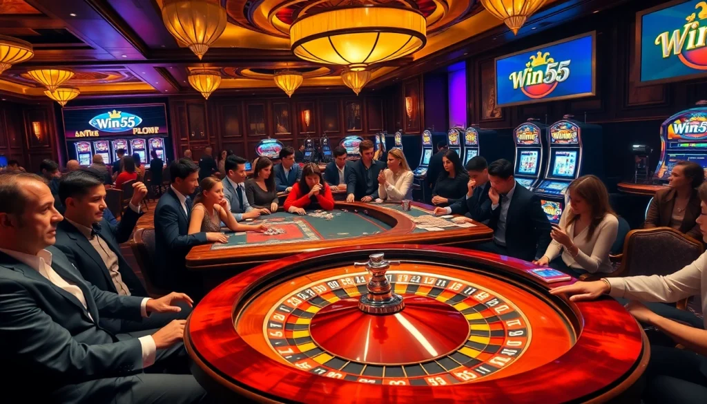 Players celebrate wins at the casino with the excitement of Win55, surrounded by vibrant slot machines and card tables.