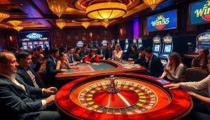 Players celebrate wins at the casino with the excitement of Win55, surrounded by vibrant slot machines and card tables.
