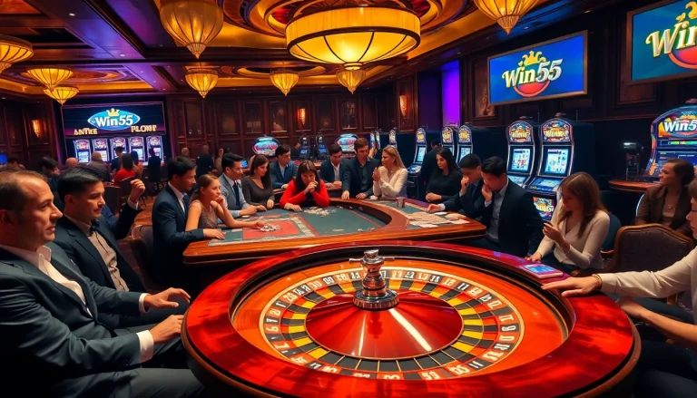 Players celebrate wins at the casino with the excitement of Win55, surrounded by vibrant slot machines and card tables.