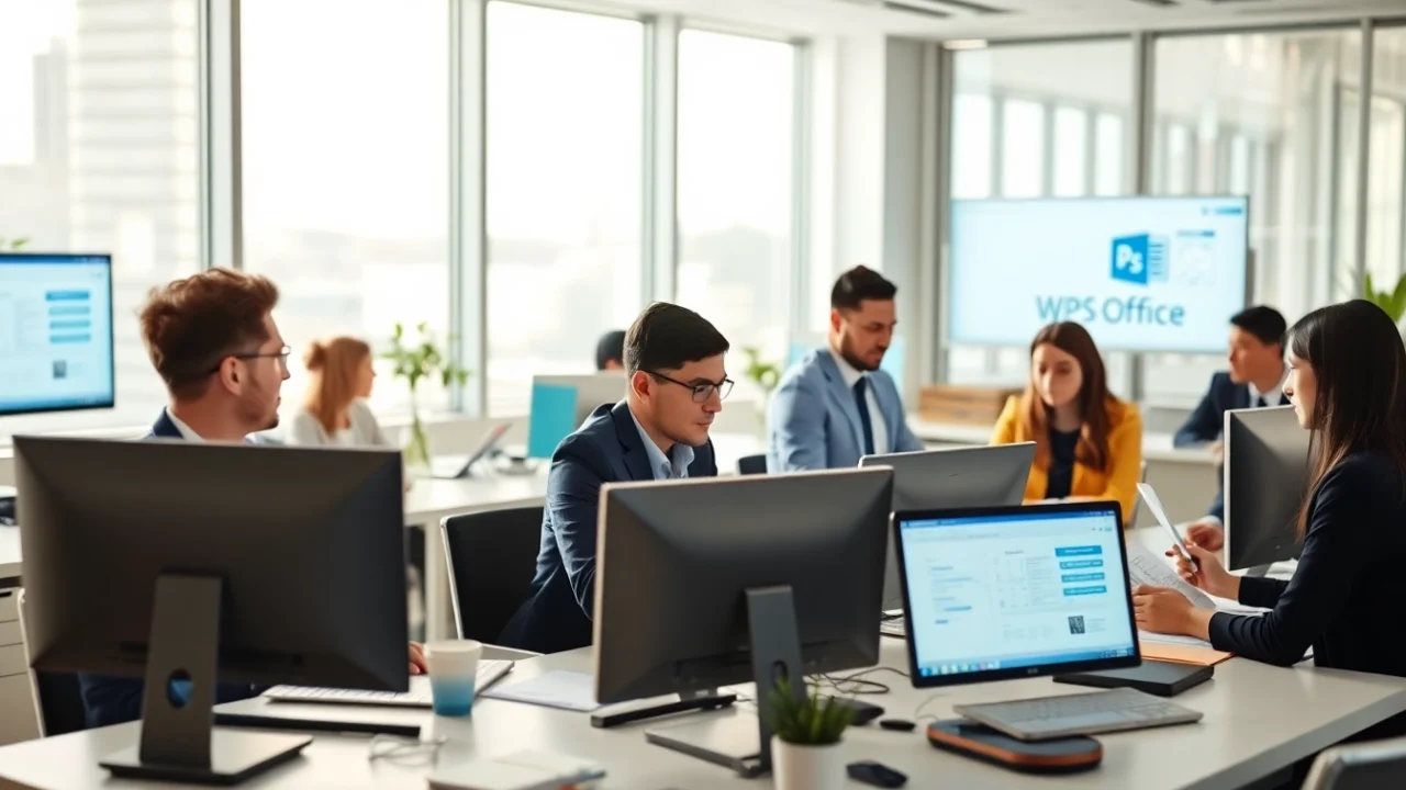 现代办公室环境中，多位专业人士协同工作，展示了 WPS Office 软件。