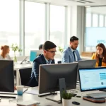 现代办公室环境中，多位专业人士协同工作，展示了 WPS Office 软件。