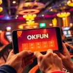 Experience the excitement of gambling with the OKFUN interface featuring vibrant slot machines and roulette wheels.