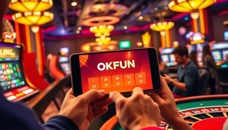 Experience the excitement of gambling with the OKFUN interface featuring vibrant slot machines and roulette wheels.