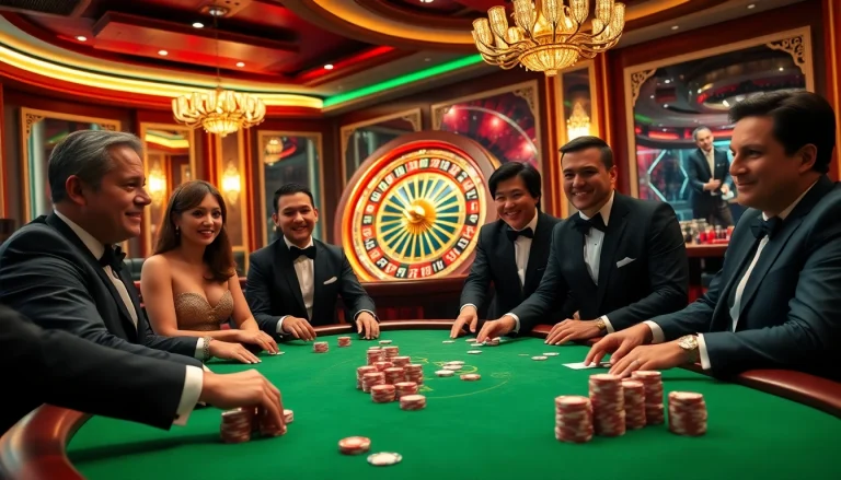 Experience the thrill of 789F in a vibrant casino scene with excited players at a poker table.