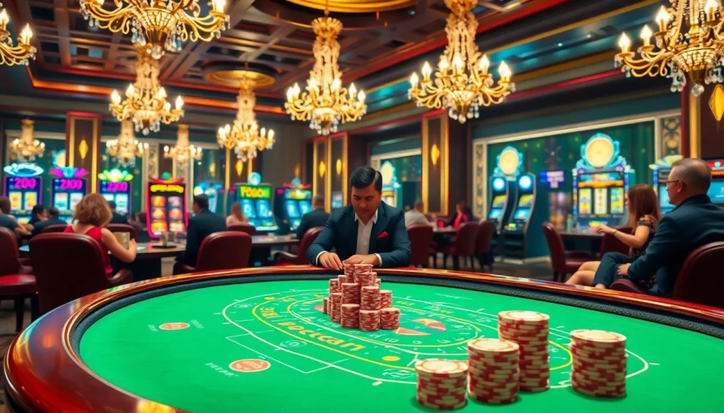 Players engaging in a thrilling game at fb88 casino with vibrant tables and live dealers.