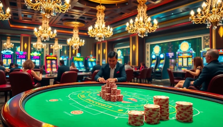 Players engaging in a thrilling game at fb88 casino with vibrant tables and live dealers.
