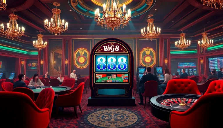 Experience Big88 excitement with players engaging at luxurious casino tables and vibrant slot machines.