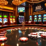 Croupier dealing cards at a lively 222BD casino table, surrounded by excited players.