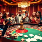 Players enjoying a thrilling game at 8xbetcom.chat casino, featuring roulette and vibrant casino decor.