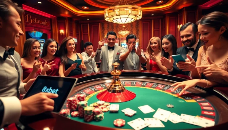Players enjoying a thrilling game at 8xbetcom.chat casino, featuring roulette and vibrant casino decor.