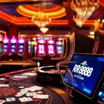 Engaging gambling scene featuring RR888 branding with casino tables and vibrant slot machines.
