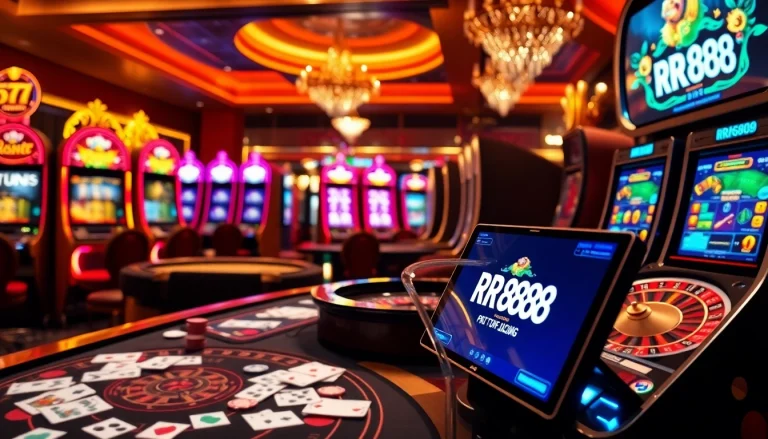 Engaging gambling scene featuring RR888 branding with casino tables and vibrant slot machines.