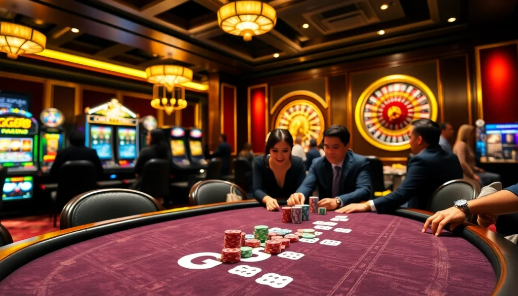 GG88 poker table scene showcasing vibrant gameplay and luxury in a casino setting.