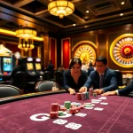 GG88 poker table scene showcasing vibrant gameplay and luxury in a casino setting.