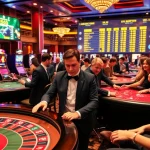 Exciting scene of players at RR88A casino tables with chips and cards during thrilling games.