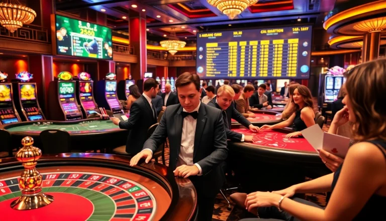 Exciting scene of players at RR88A casino tables with chips and cards during thrilling games.