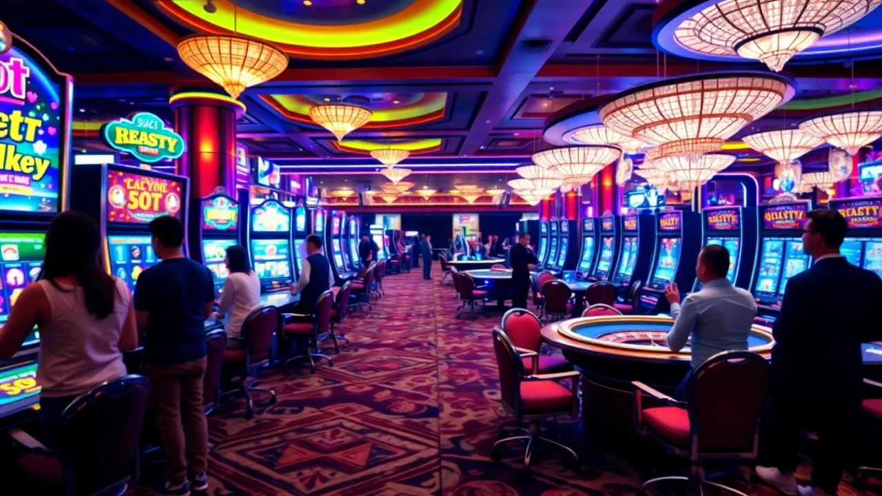 Suasana permainan yang mendebarkan menampilkan slot deposit pulsa tanpa potongan pada mesin slot yang cerah dan berwarna-warni serta meja roulette.