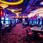 Suasana permainan yang mendebarkan menampilkan slot deposit pulsa tanpa potongan pada mesin slot yang cerah dan berwarna-warni serta meja roulette.