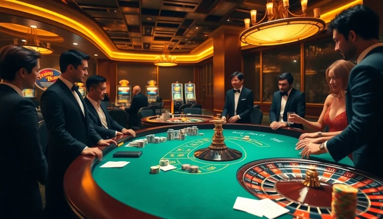 Players experience the thrill of gambling at high-stakes tables in a luxurious casino setting, featuring okking opportunities.