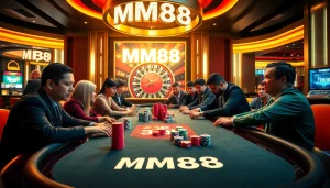 Players enjoy a thrilling poker game at MM88 casino, showcasing excitement and strategy with colorful chips.