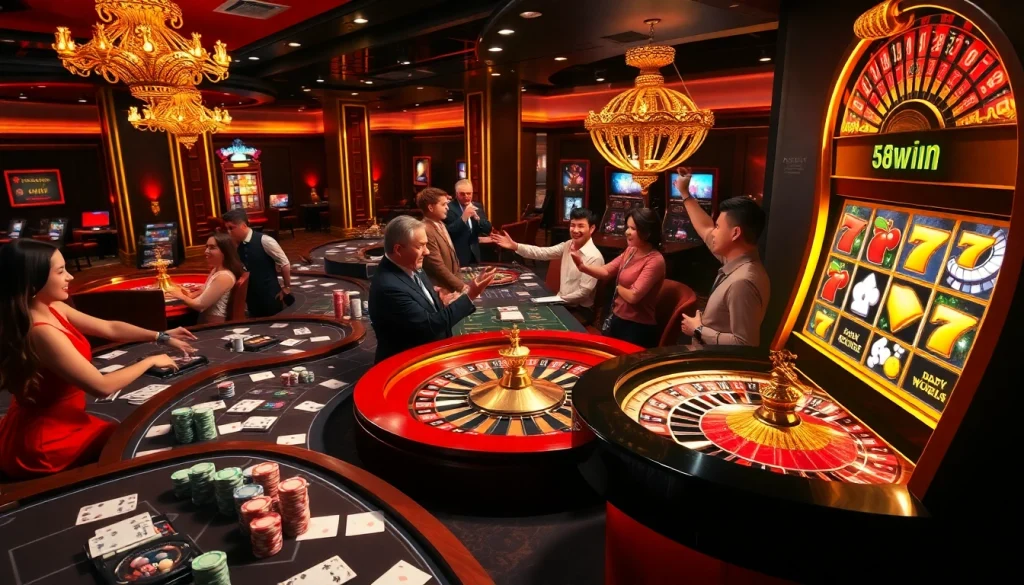 Excited gamblers at 58win's luxurious casino tables celebrating wins with colorful poker chips.