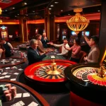 Excited gamblers at 58win's luxurious casino tables celebrating wins with colorful poker chips.