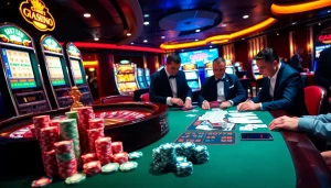 Players enjoying an exciting casino experience at https://rr88.bar/ with poker chips and a roulette wheel.