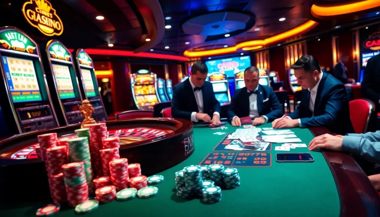 Players enjoying an exciting casino experience at https://rr88.bar/ with poker chips and a roulette wheel.