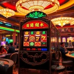 Experience the thrill of nổ hũ as you pull the lever on a vibrant slot machine in an upscale casino.
