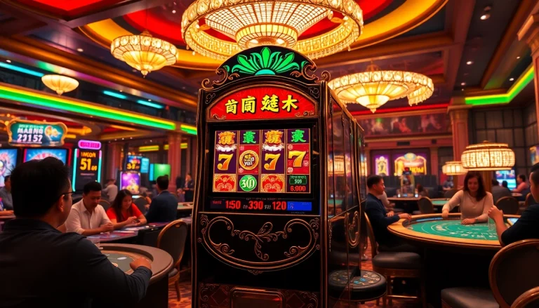 Experience the thrill of nổ hũ as you pull the lever on a vibrant slot machine in an upscale casino.