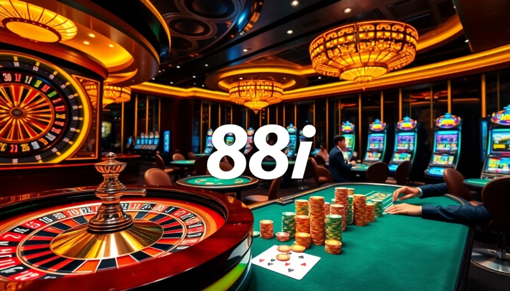 Excited gamblers enjoy a vibrant casino scene featuring 88i with roulette, poker, and slot games.