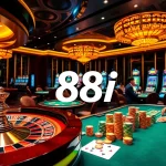 Excited gamblers enjoy a vibrant casino scene featuring 88i with roulette, poker, and slot games.