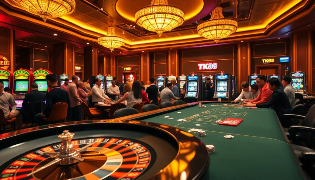 Experience thrilling moments at TK88 casino with vibrant poker tables and spinning roulette wheels.