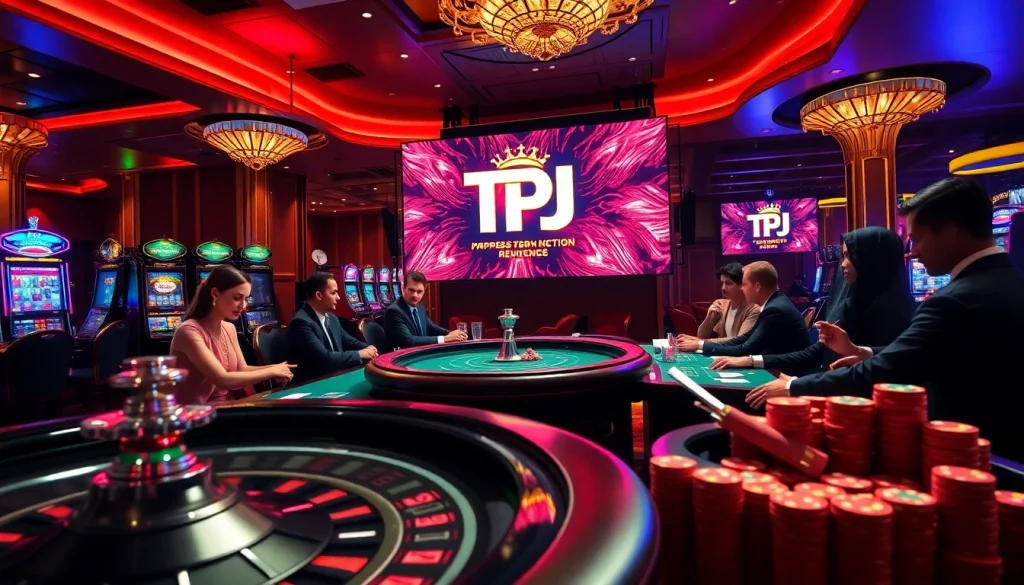 Players enjoying a high-stakes poker game at a luxurious casino with TPJ branding.