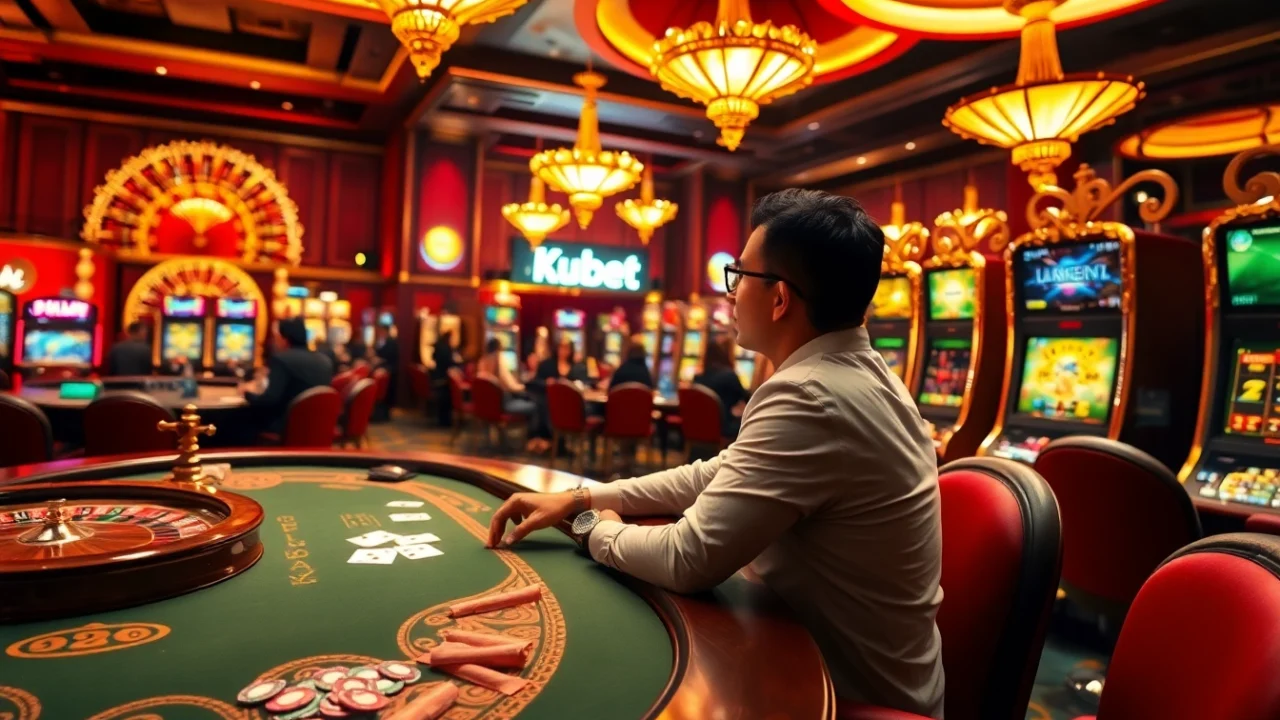 Kubet casino scene showcasing vibrant poker tables, roulette wheels, and slot machines in a luxurious setting.