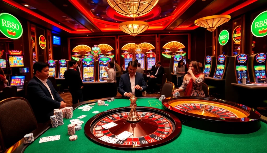 Gambling excitement at RR88 casino with poker chips, roulette wheel, and enthusiastic players.