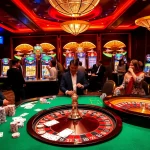 Gambling excitement at RR88 casino with poker chips, roulette wheel, and enthusiastic players.