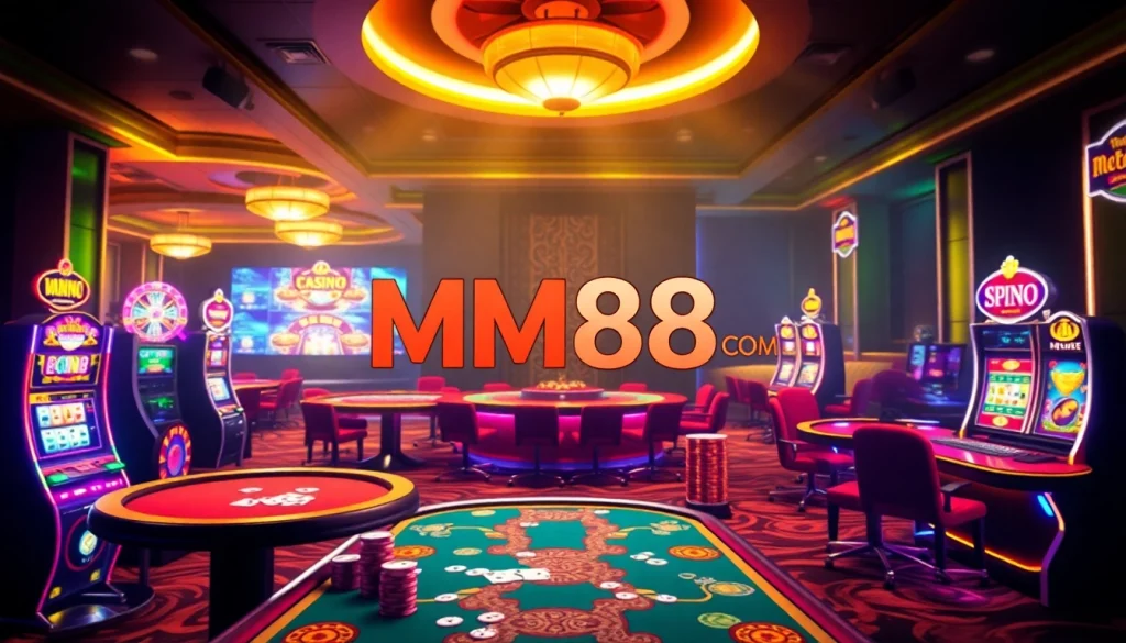 Exciting online casino scene featuring MM88 COM logo with vibrant tables and slot machines.