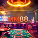 Exciting online casino scene featuring MM88 COM logo with vibrant tables and slot machines.