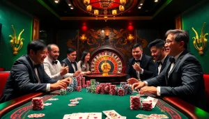 Tỷ lệ bóng đá displayed amidst an engaging casino scene with enthusiastic gamblers and betting chips.