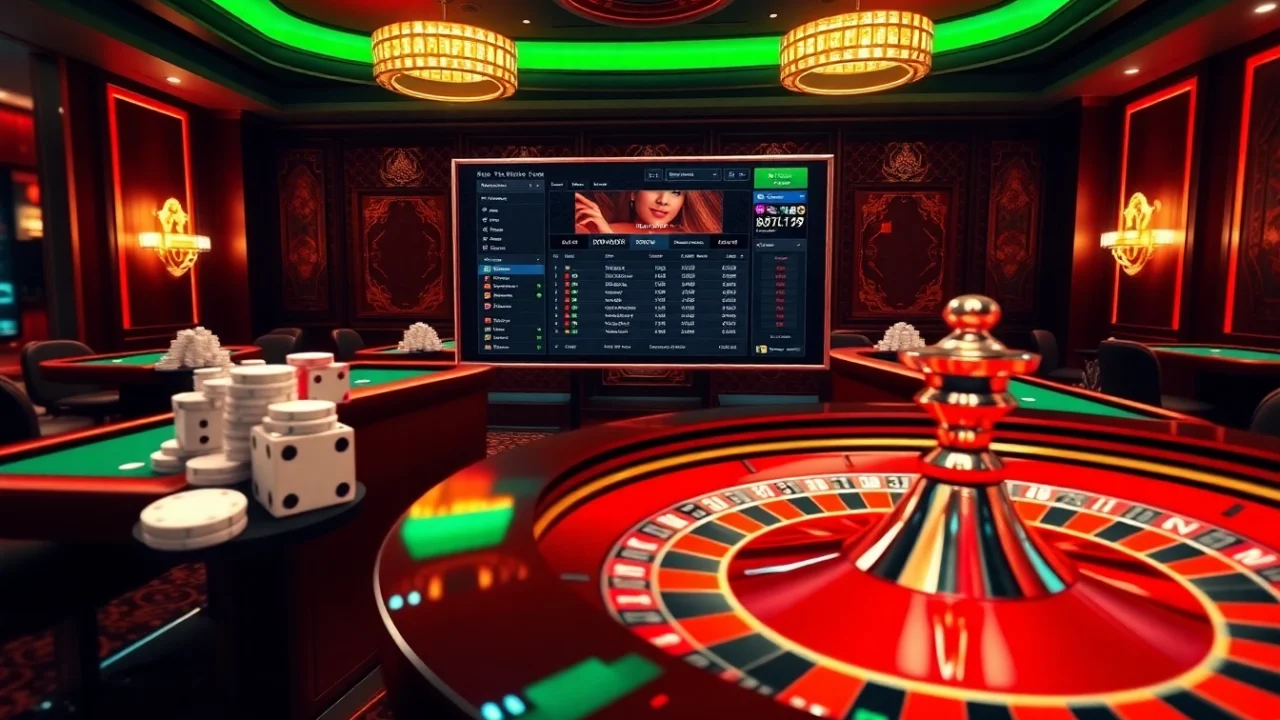 Engaging gambling scene highlighting the https://thabetp3.com/ online casino experience with vibrant poker chips and roulette wheel.