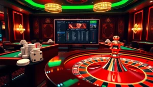 Engaging gambling scene highlighting the https://thabetp3.com/ online casino experience with vibrant poker chips and roulette wheel.