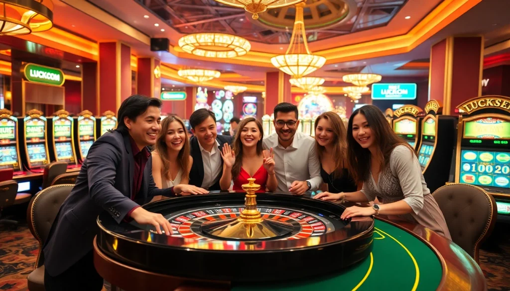 Players celebrate a winning hand at LUCK8 COM's luxurious casino scene with vibrant roulette and slot machines.