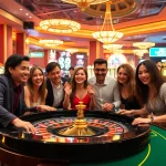 Players celebrate a winning hand at LUCK8 COM's luxurious casino scene with vibrant roulette and slot machines.