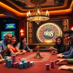 Exciting casino scene featuring nk88 gaming tables with vibrant poker chips and roulette action.